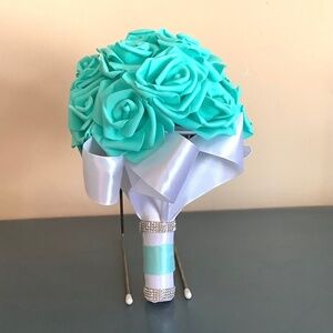 Small teal blue bridal bouquet with real touch roses
